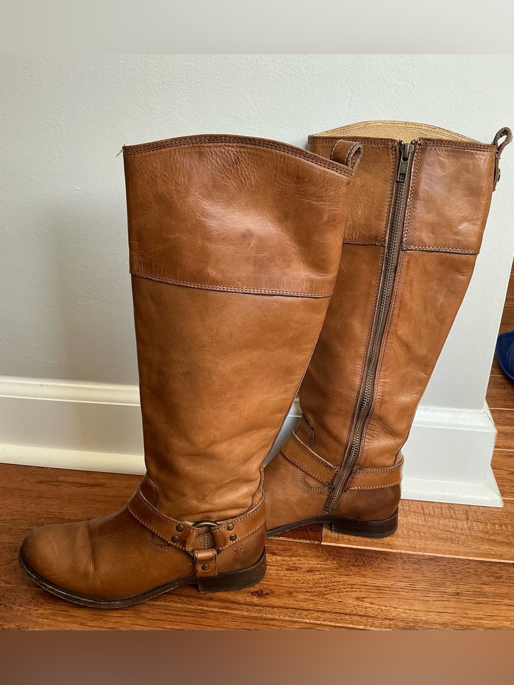 Frye Brown Leather Knee High Riding Boots, Buckle, Side Zip, size 6B